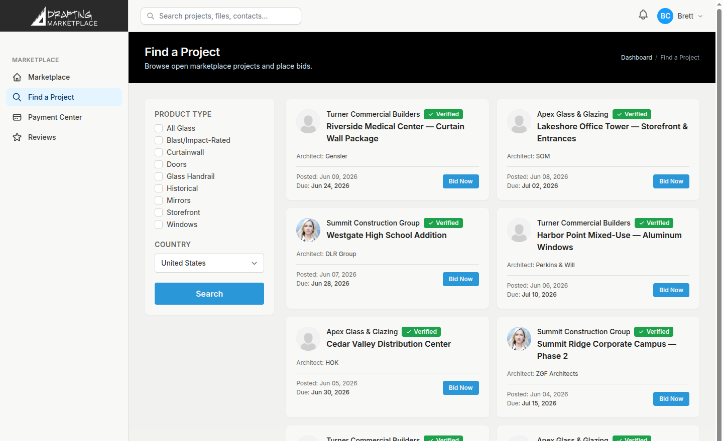 Drafting Marketplace — browse open projects and place bids