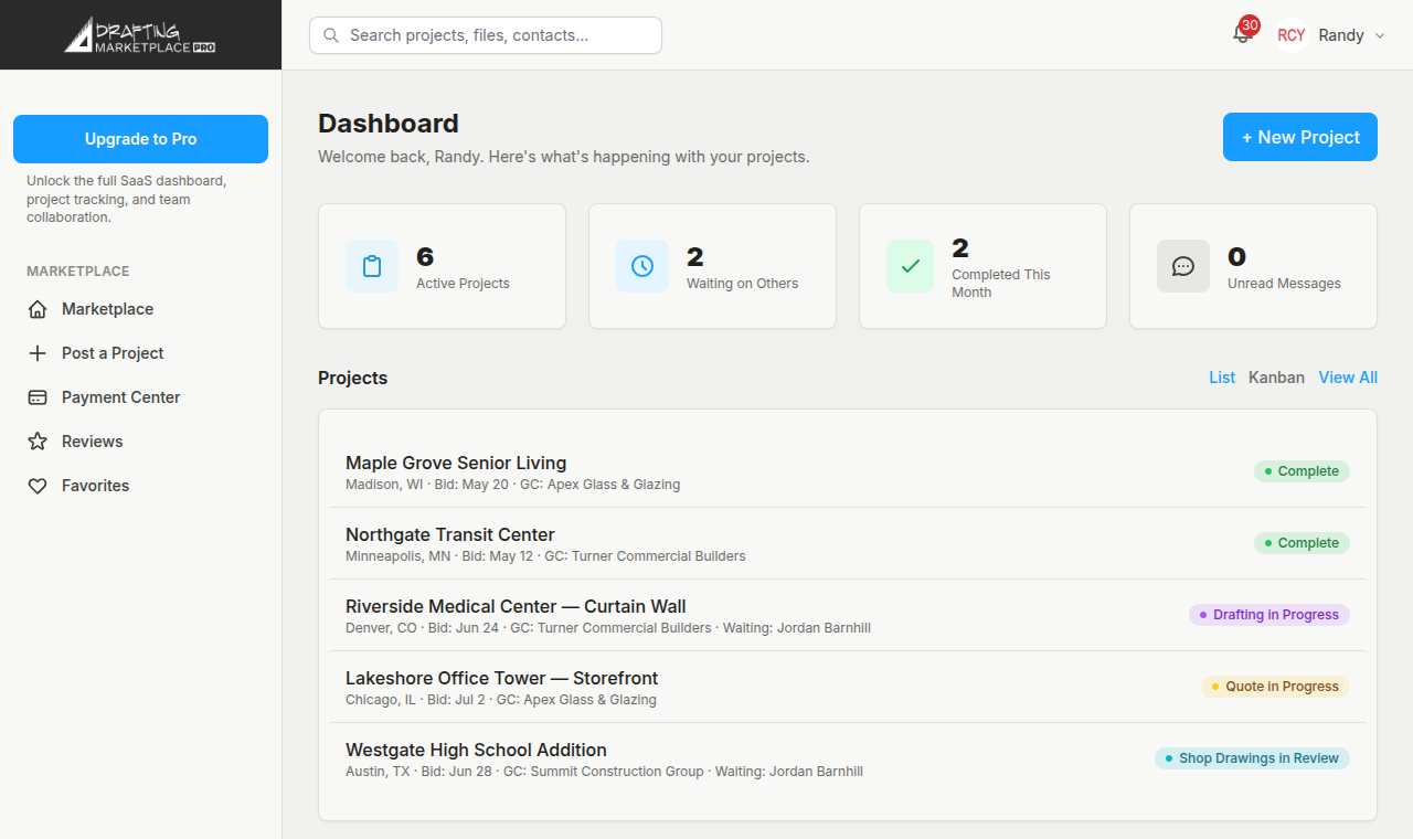 Drafting Marketplace Dashboard